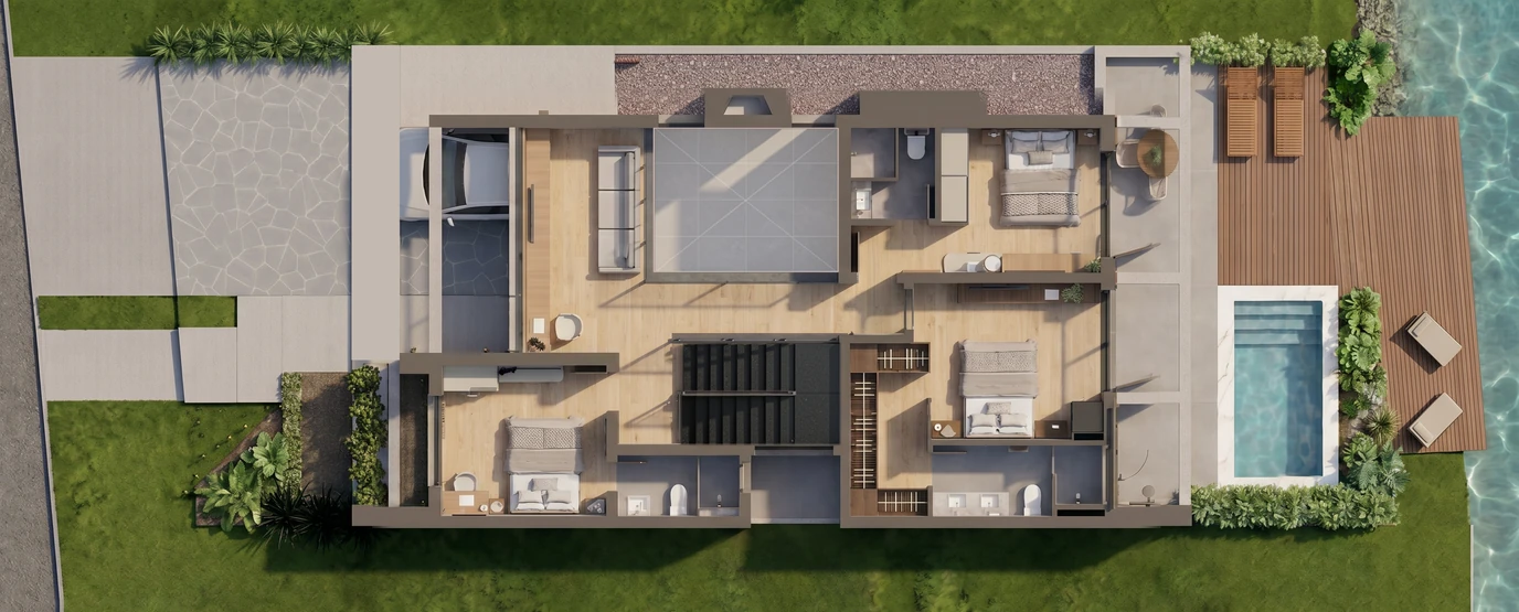 Planta humanizada do segundo piso: estar íntimo, suíte frontal, suíte dos fundos e suíte principal com closet