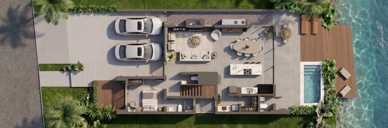 Planta humanizada do térreo: garagem, living integrado, área gourmet, suíte, serviço, piscina e deck sobre o lago